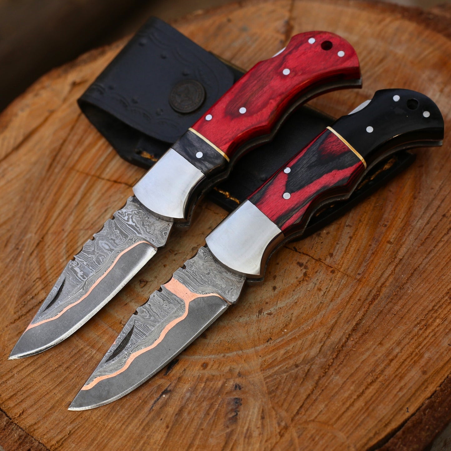 Copper Damascus Folding Knife with Leather Cover