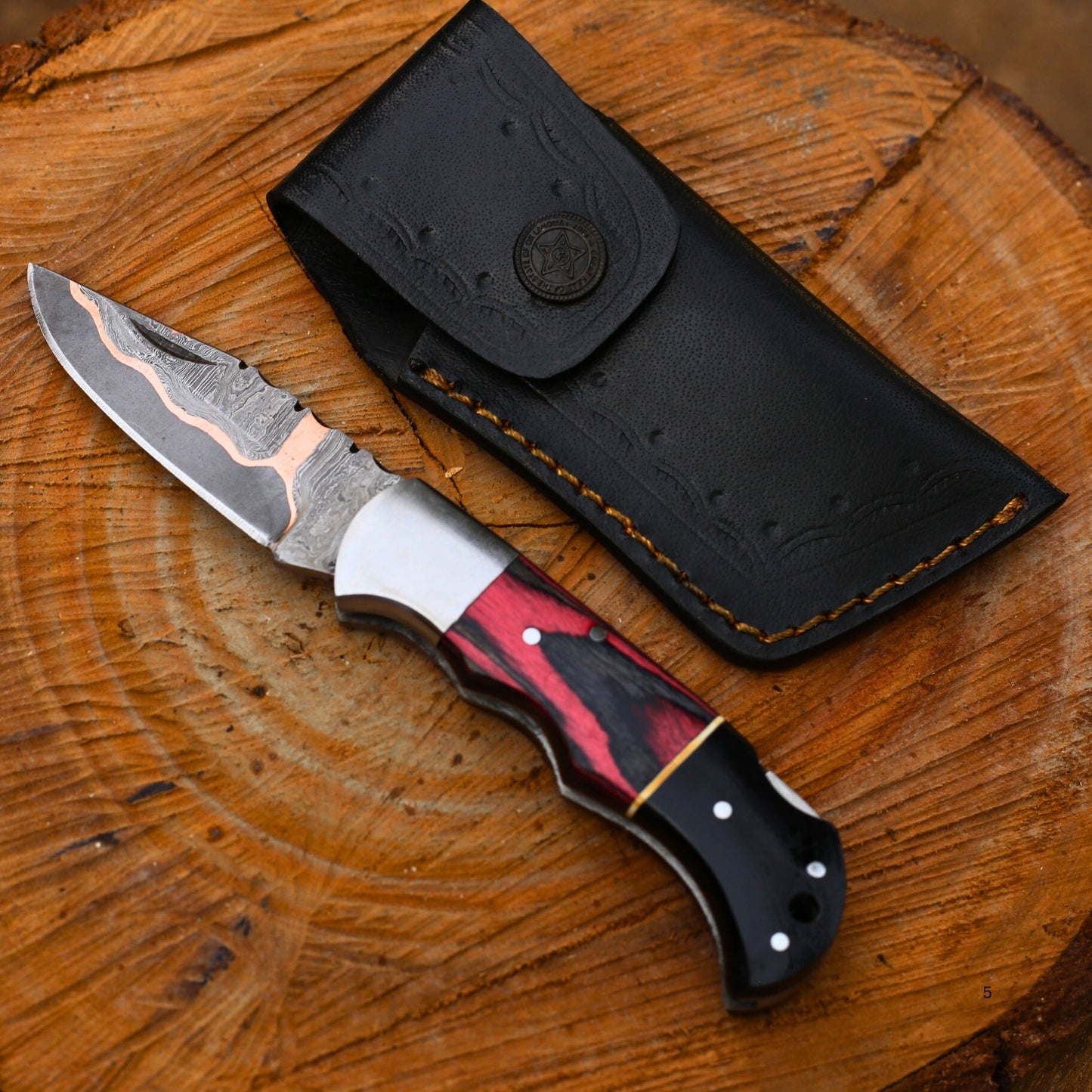 Handcrafted Copper Damascus Folding Knife with Leather Cover