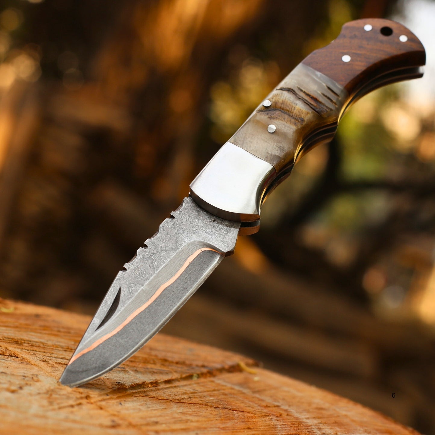 Copper Damascus & Ram Horn Folding Blade with Leather Cover