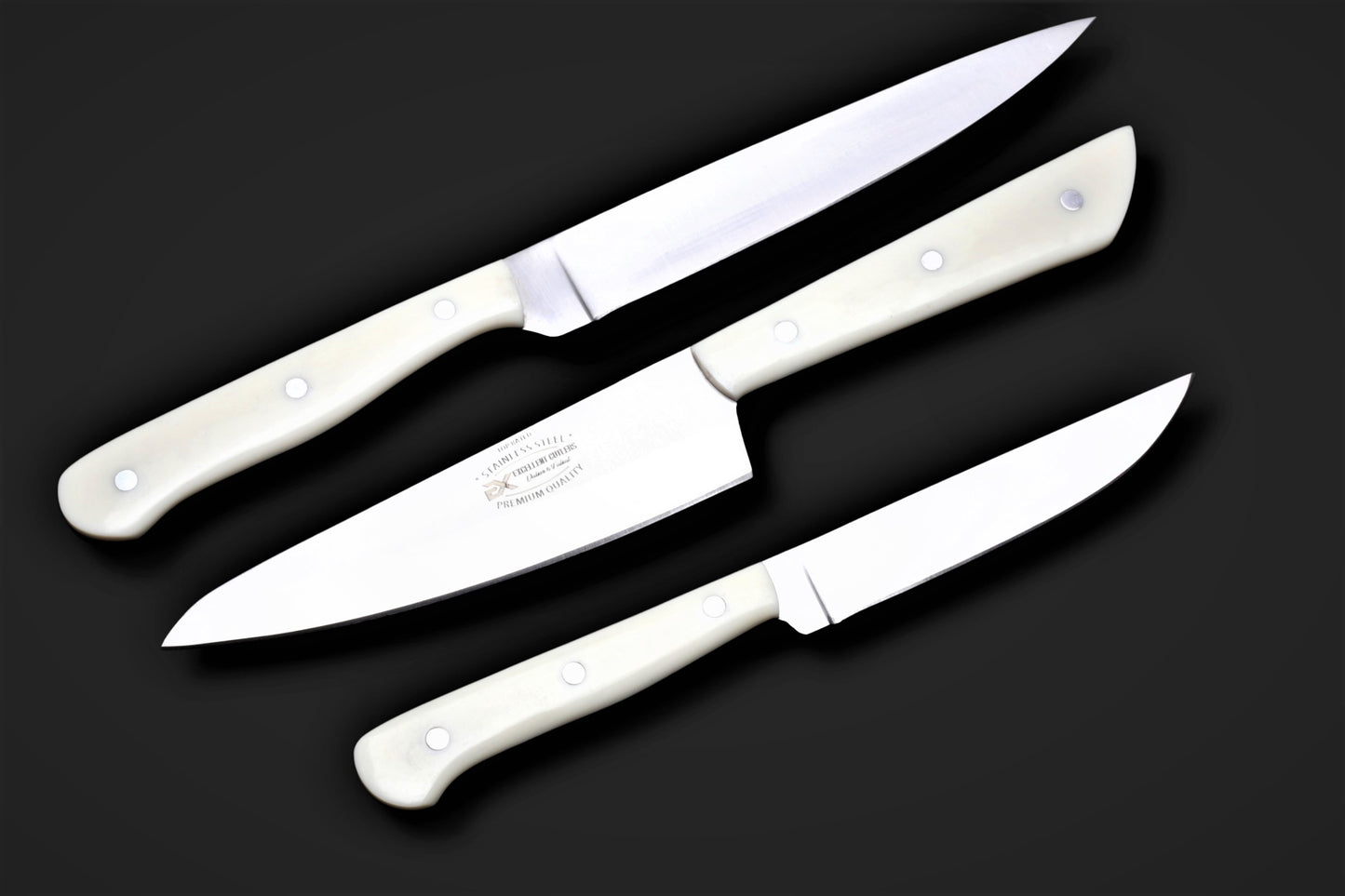 Luxury 3-Piece Kitchen Knife Set – 12C27 Stainless Steel with Cream Acrylic Handles