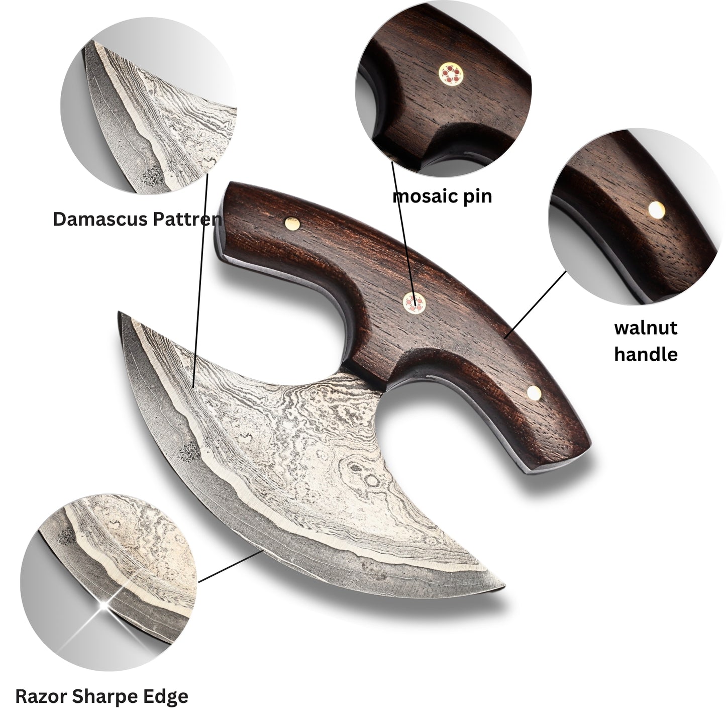 Premium Hand-Forged Damascus Steel Ulu Knife/ Pizza Cutter with Leather Cover