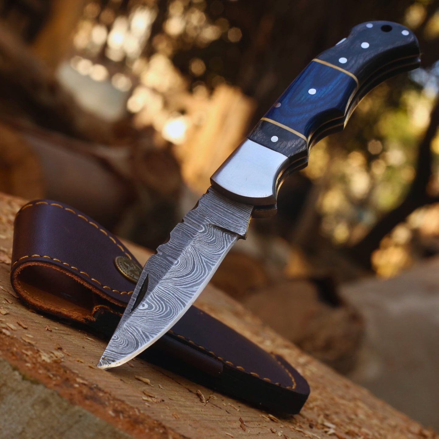 Pocket / Hunting Folding Knife In Damascus With Leather cover