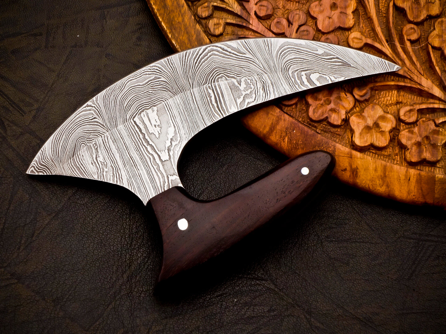 Handcrafted Damascus Steel Pizza Cutter – Wood Handle With Leather Cover | Razor Sharp | 5.8" Blade (Total length 10.3 inches )