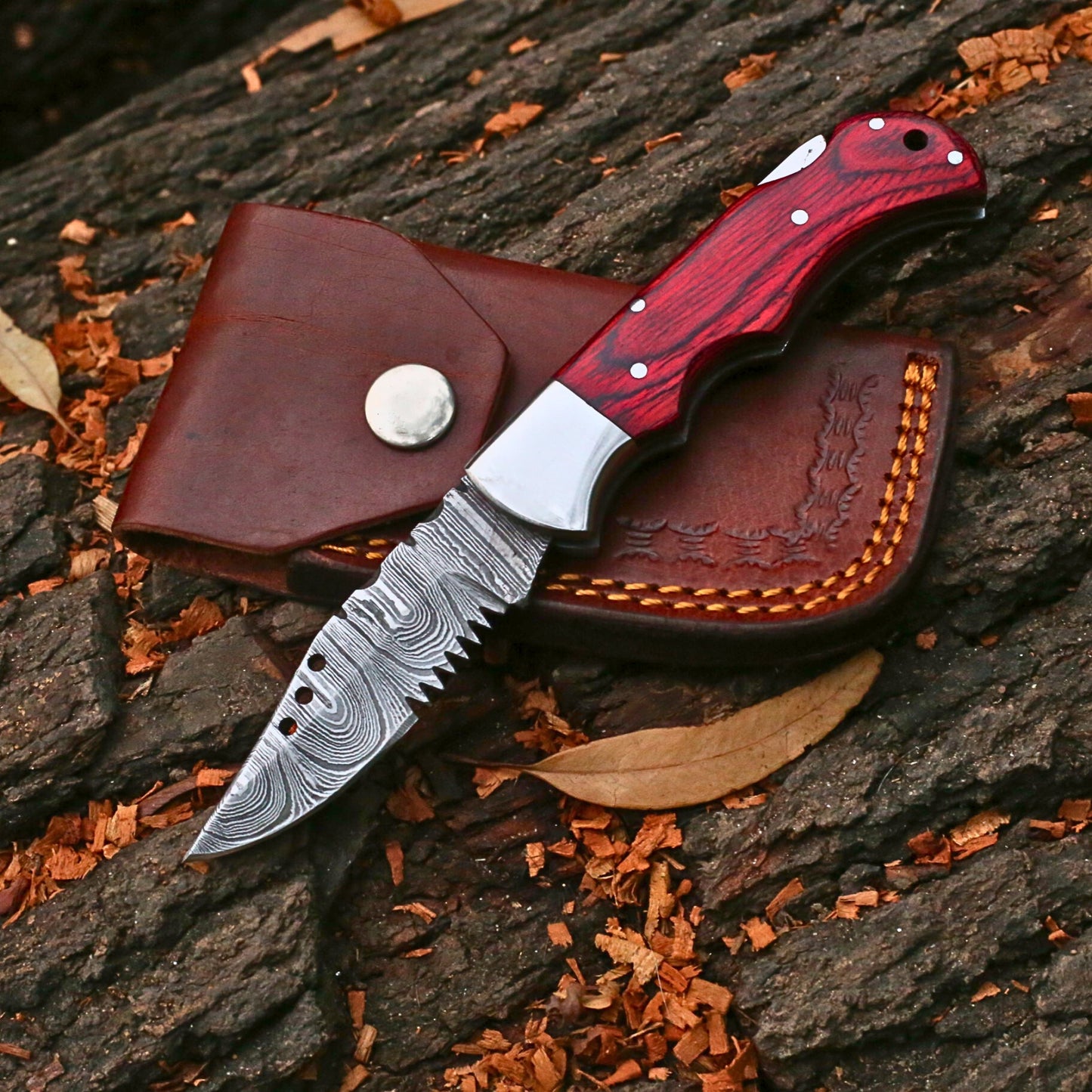 Premium Hand-Forged Damascus Steel Folding Knife With Leather Cover – Colour Pakkawood & Silver Bolster