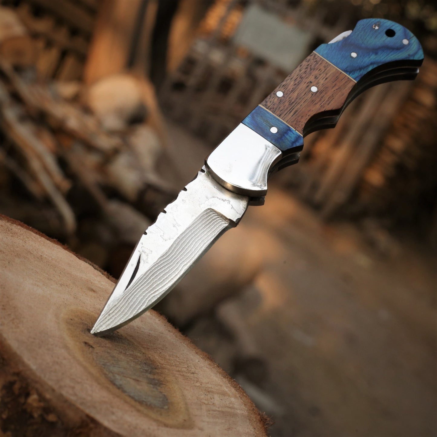 Handmade 6.5" Damascus Stainless Steel Hunting Folding Knife | 3" Blade, Rosewood & Pakkawood Handle with Silver Bolster | Premium Leather Sheath Included