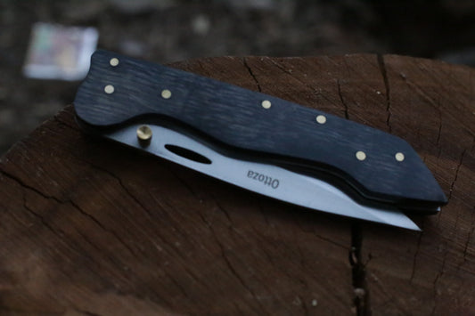 Ottoza Premium Stainless Steel Folding Knife – Dark Pakkawood Handle with Brass Pins & Leather Sheath