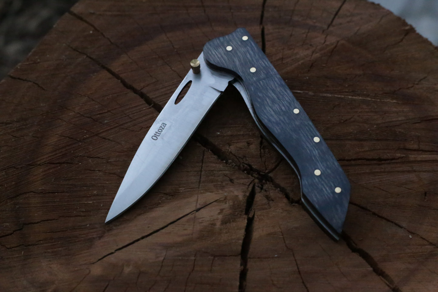 Ottoza Premium Stainless Steel Folding Knife – Dark Pakkawood Handle with Brass Pins & Leather Sheath
