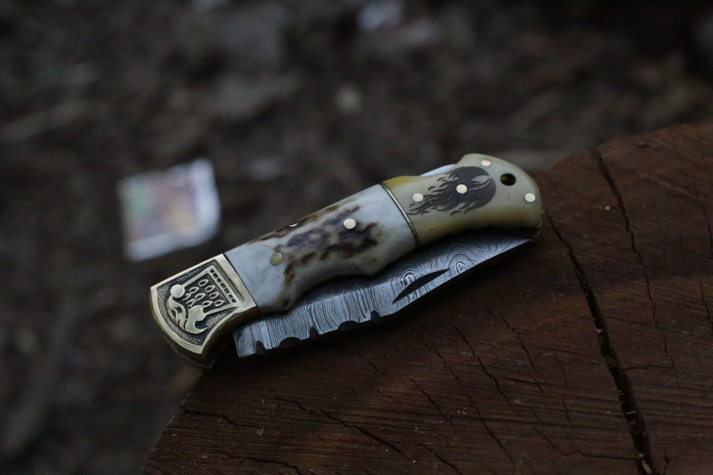 Hand-Forged Damascus Steel Folding Knife | Damascus Blade, Stag Horn & Bone Engraved Handle with Brass Bolsters