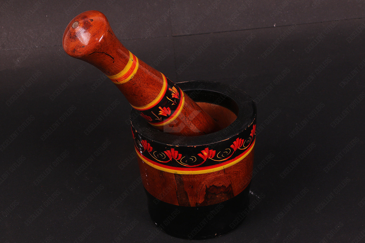 Standard Size Wooden Pestle and Mortar With Beautiful Traditional Printing