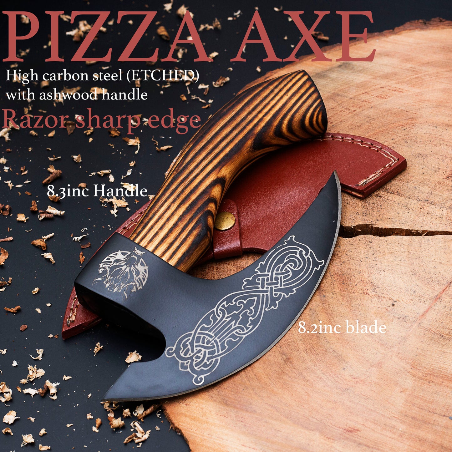 Razor-Sharp Pizza Axe – High Carbon Steel Blade & Ashwood Handle With Leather Cover (Total length 16.5 inches)