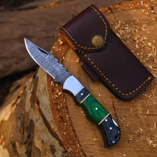 Pocket / Hunting Folding Knife In Damascus With Leather Cover