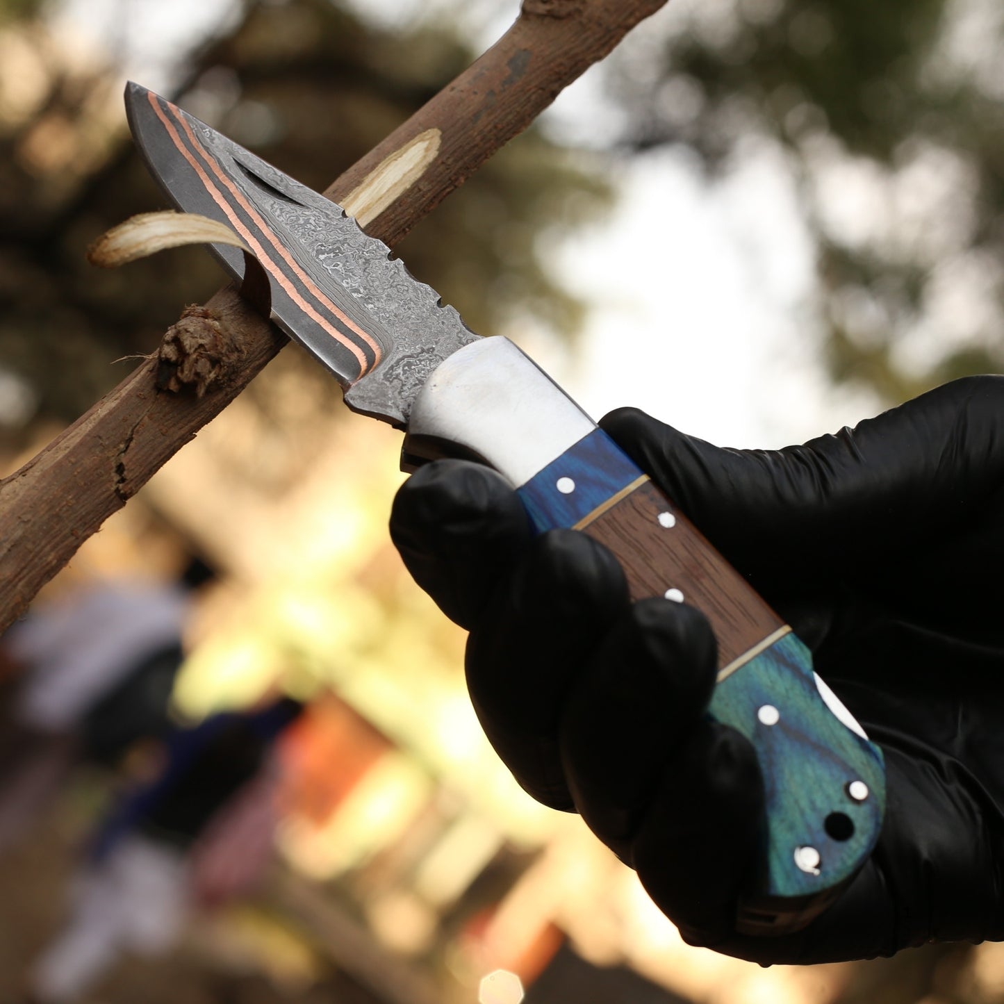 Handmade Copper Damascus Pocket Knife With Leather Cover