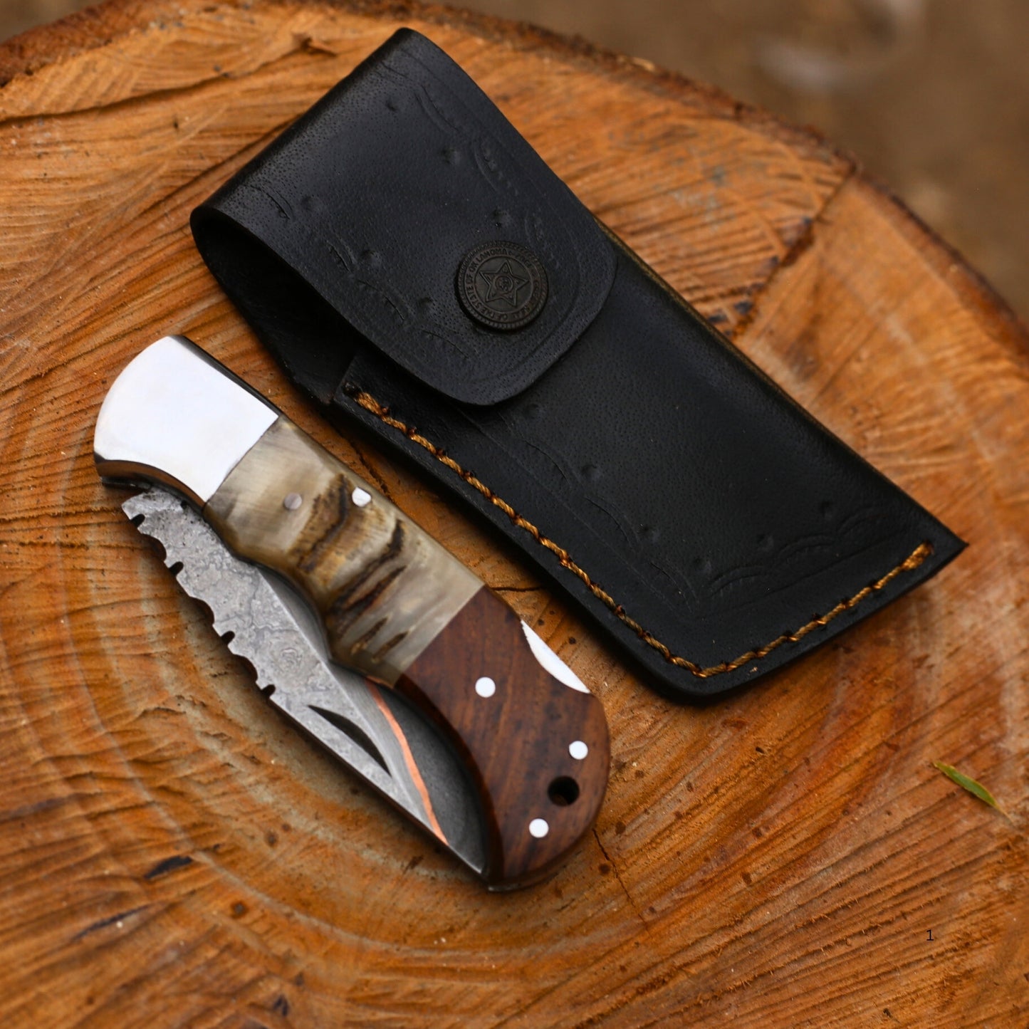 Copper Damascus & Ram Horn Folding Blade with Leather Cover