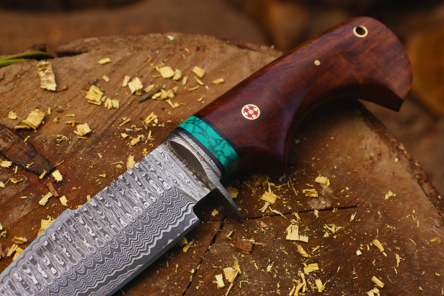 Damascus Bobcat Hunting Dagger – Wood, Brass & Feroza Resin Handle (Total length 10.3 inches ) with Leather Cover