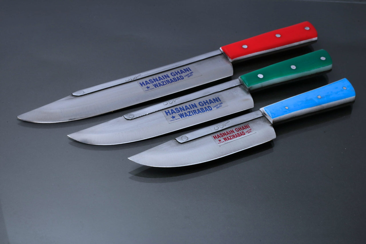 Husnain Ghani 3pc Slaughter Knife set Funder blade Plastic handle (Blade length 6inch, 8inch and 10inch)