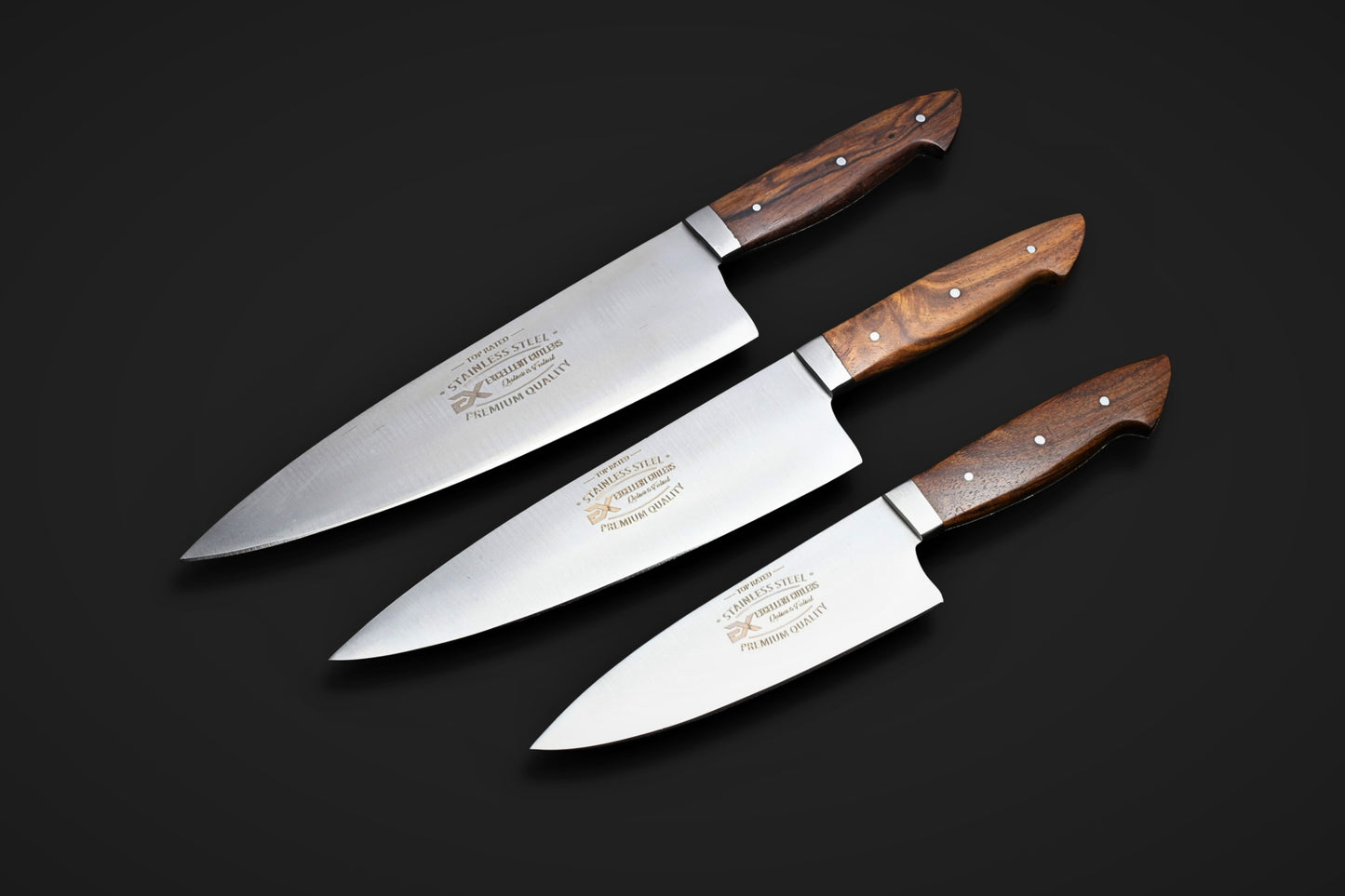 Excellent Cutlers & Knives 3-Piece French-Style Kitchen / Butchering Knife Set - 12C27 Stainless Steel Blades with Rosewood Handles