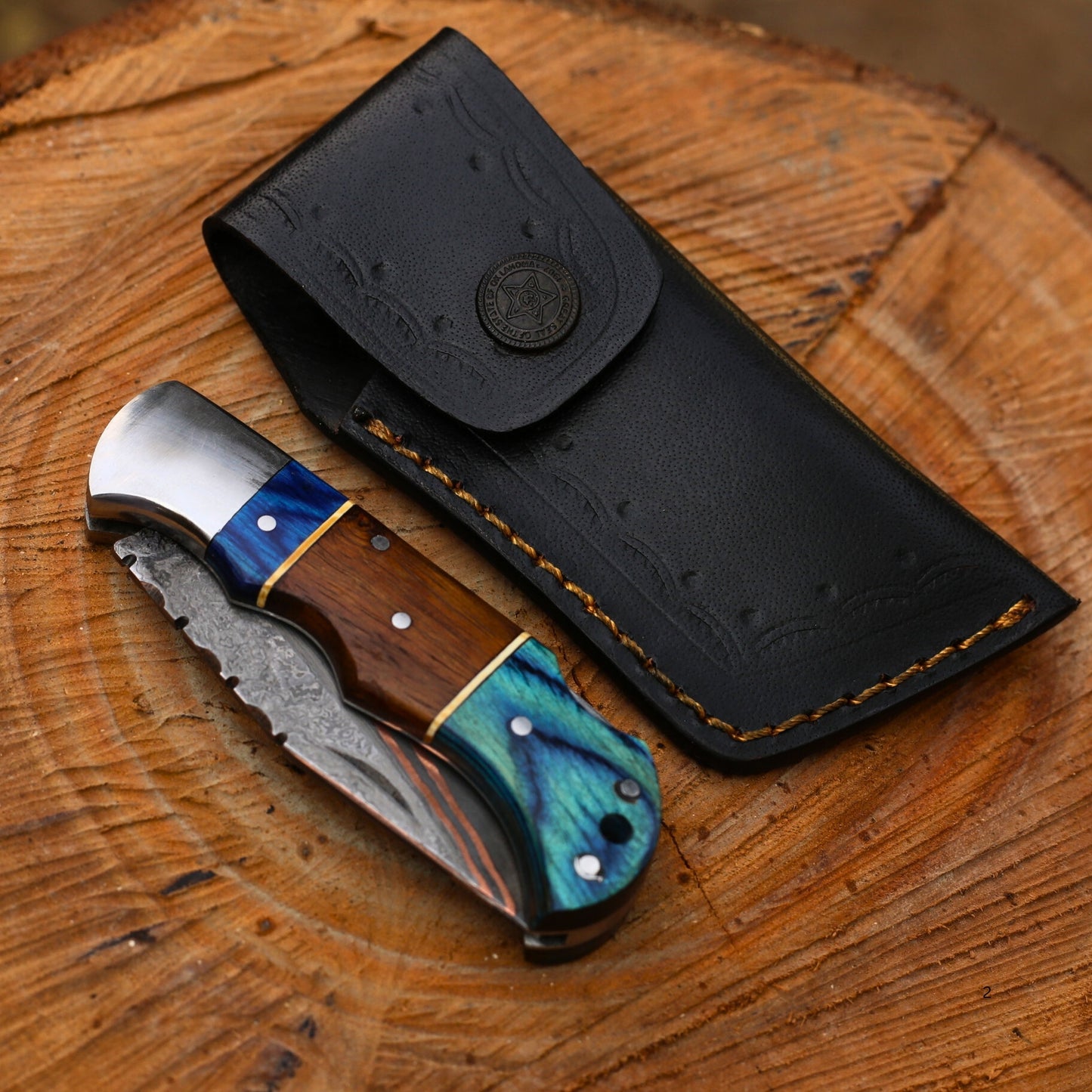 Handmade Copper Damascus Pocket Knife With Leather Cover