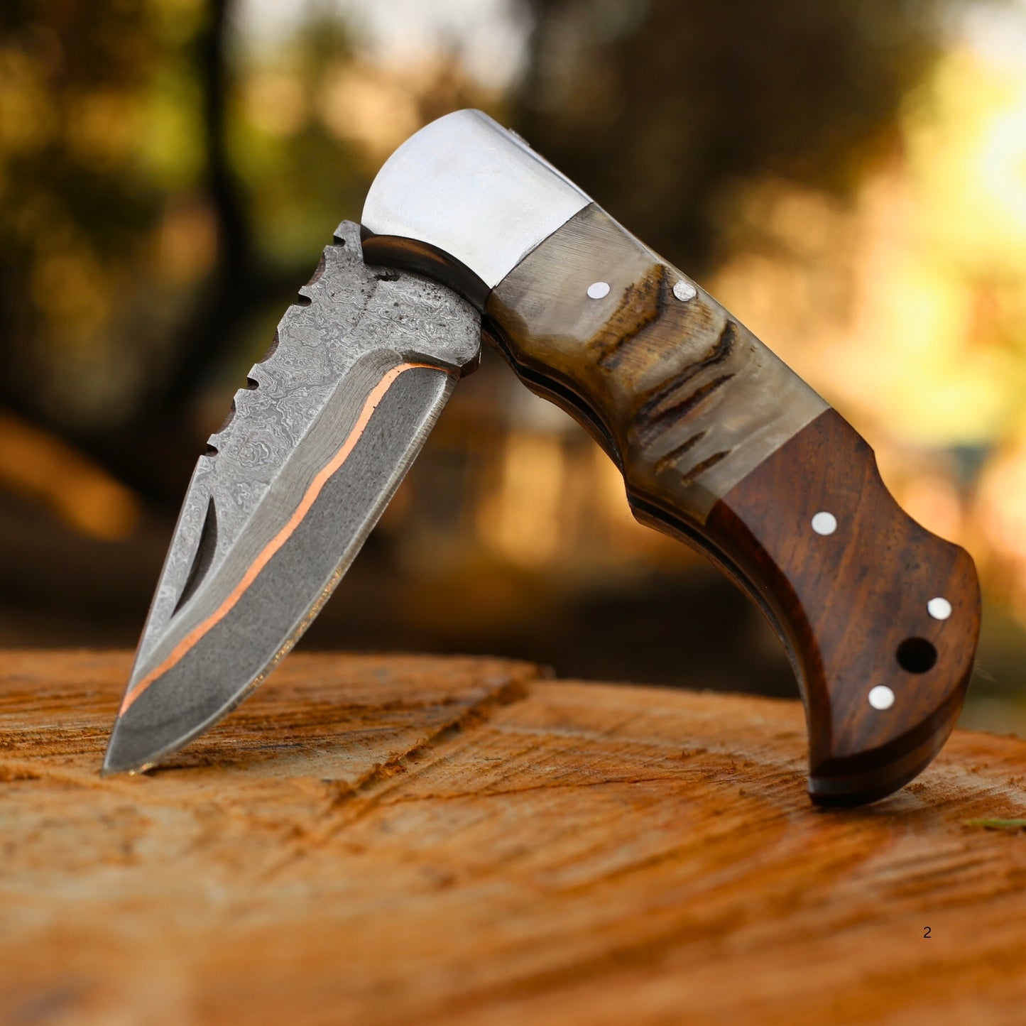 Copper Damascus & Ram Horn Folding Blade with Leather Cover