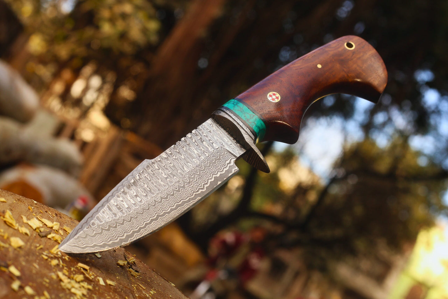 Damascus Bobcat Hunting Dagger – Wood, Brass & Feroza Resin Handle (Total length 10.3 inches ) with Leather Cover