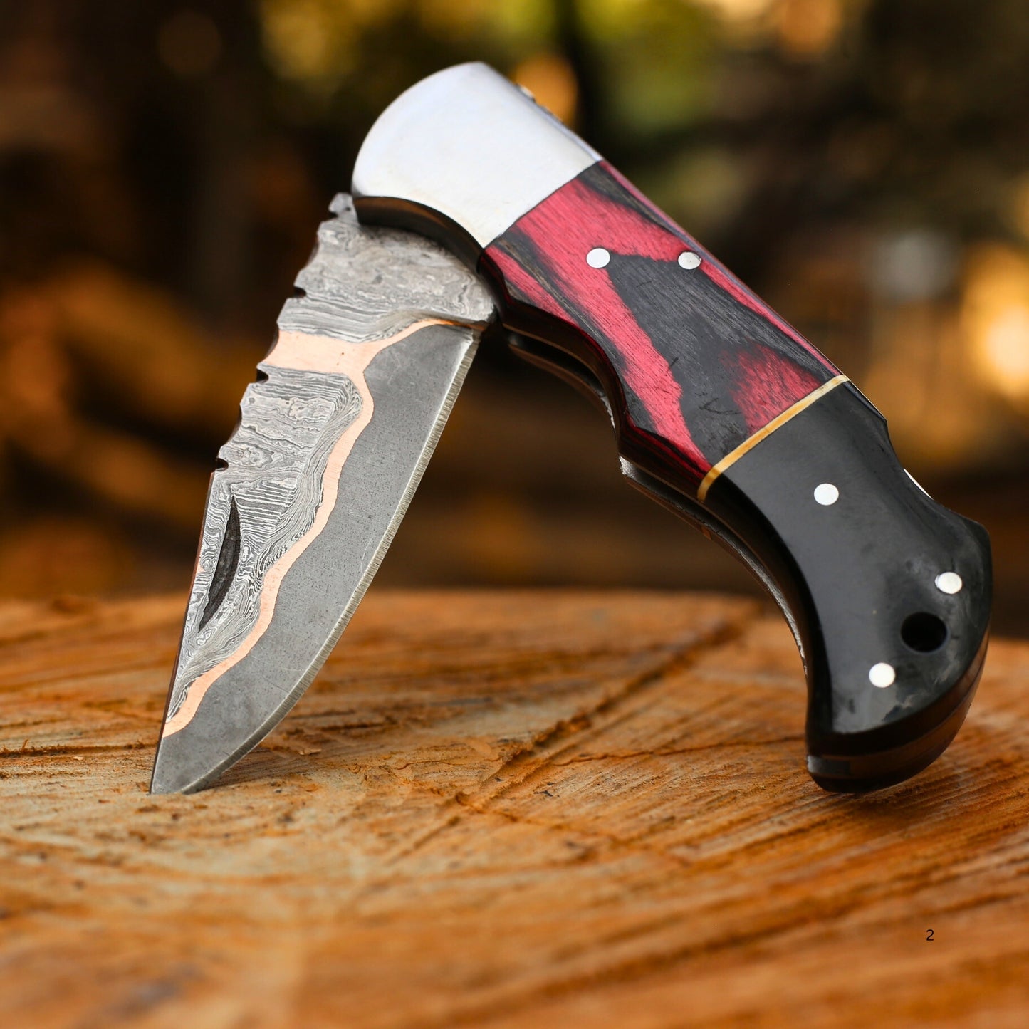 Handcrafted Copper Damascus Folding Knife with Leather Cover