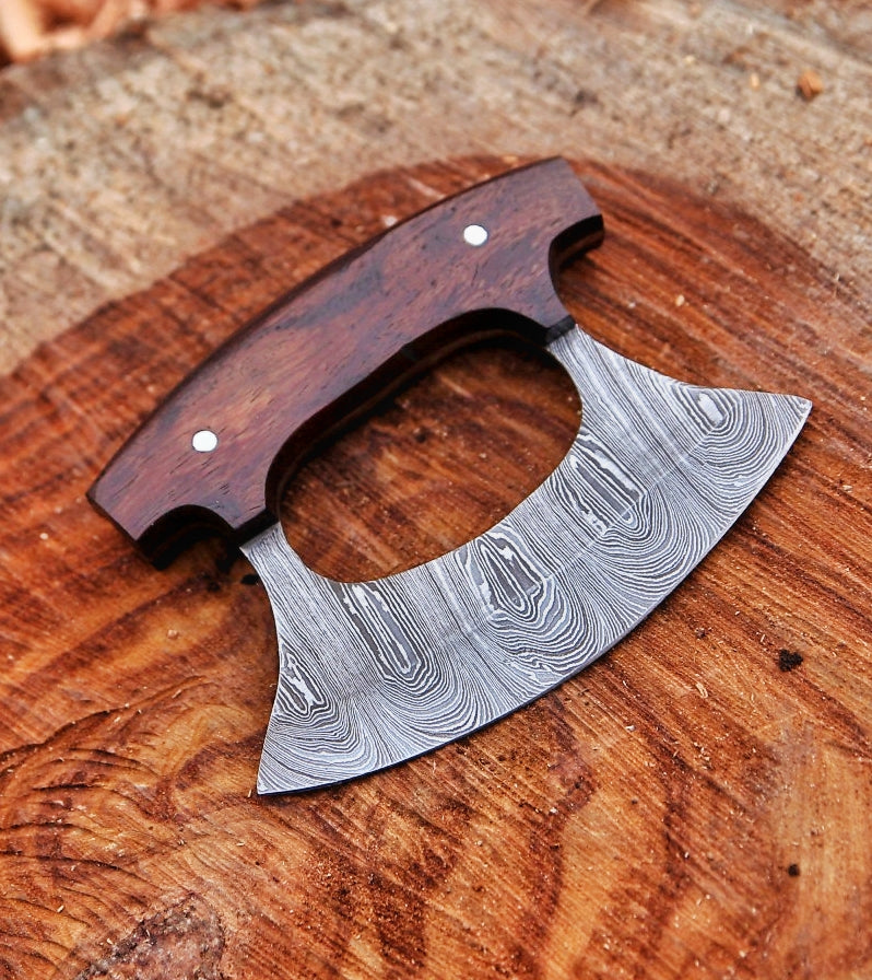 ✨ Cute Pizza Cutter / Ullu Knife – Damascus Steel And color wood handle with Leather cover🍕🔪 Blade length 4.5 inches