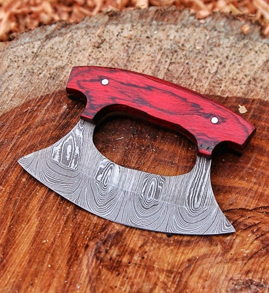 ✨ Cute Pizza Cutter / Ullu Knife – Damascus Steel And color wood handle with Leather cover🍕🔪 Blade length 4.5 inches