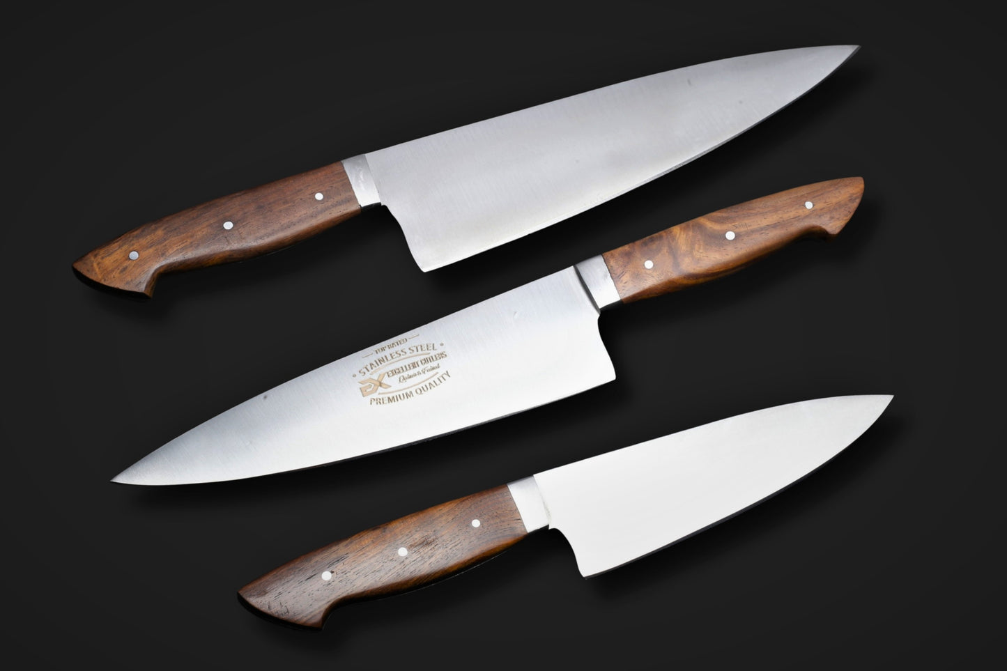 Excellent Cutlers & Knives 3-Piece French-Style Kitchen / Butchering Knife Set - 12C27 Stainless Steel Blades with Rosewood Handles