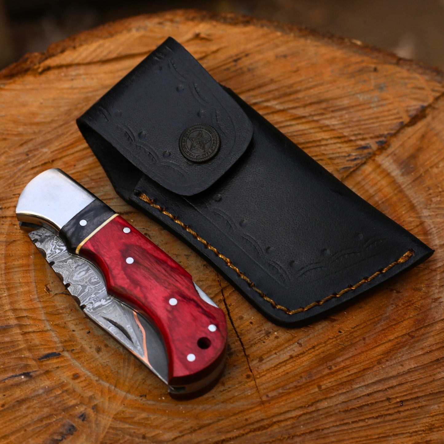 Copper Damascus Folding Knife with Leather Cover
