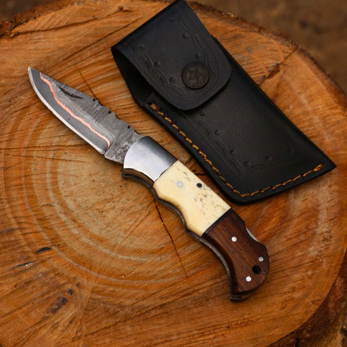 Dual-Tone Copper Damascus Folding Knife with Leather Cover