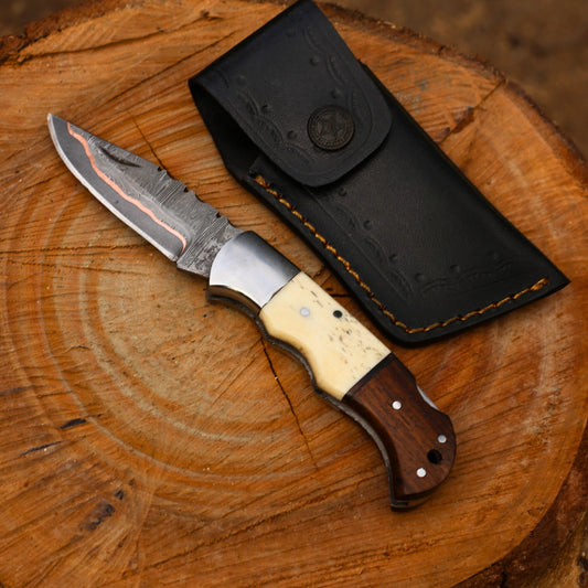 Dual-Tone Copper Damascus Folding Knife with Leather Cover