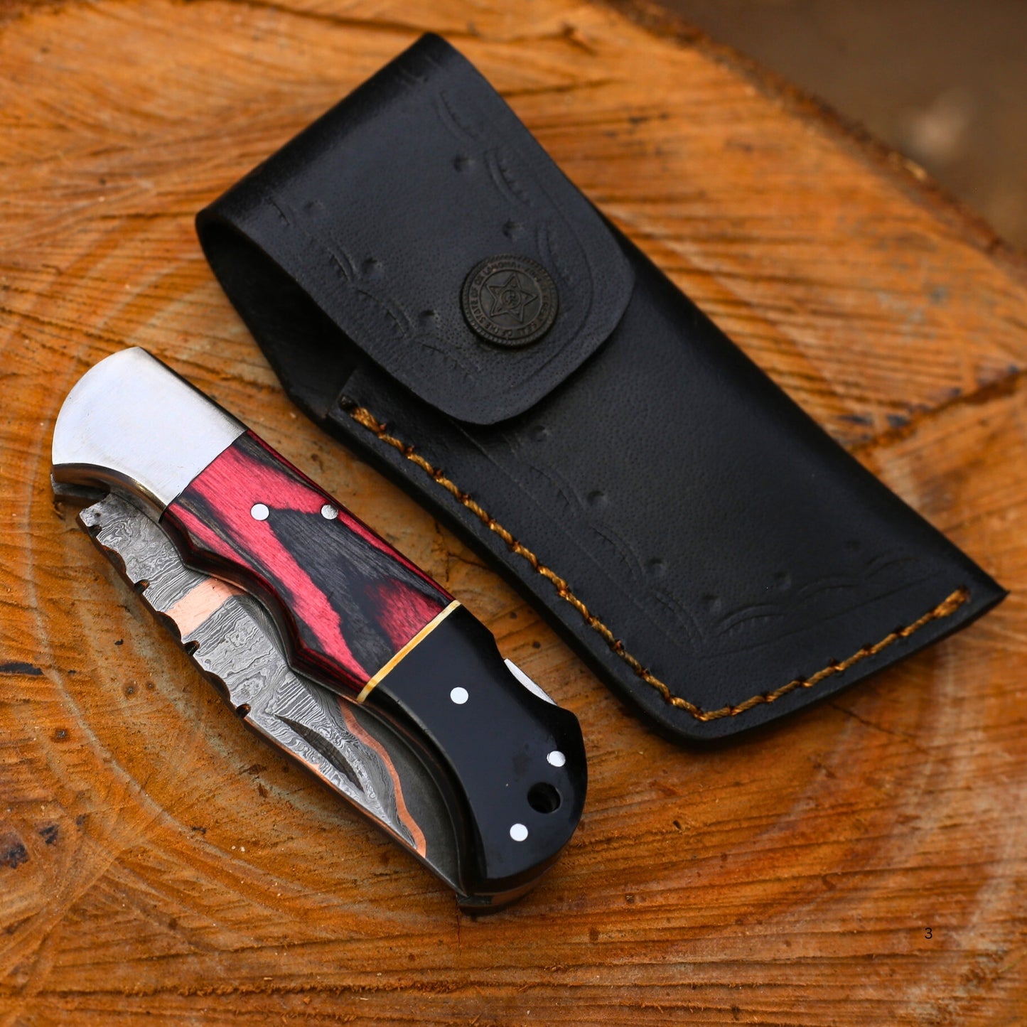 Handcrafted Copper Damascus Folding Knife with Leather Cover