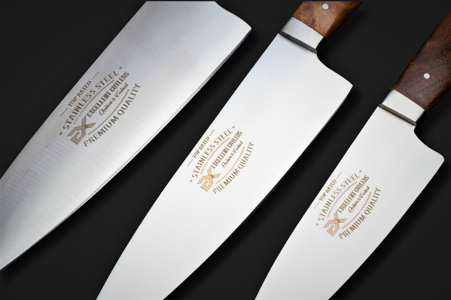 Excellent Cutlers & Knives 3-Piece French-Style Kitchen / Butchering Knife Set - 12C27 Stainless Steel Blades with Rosewood Handles