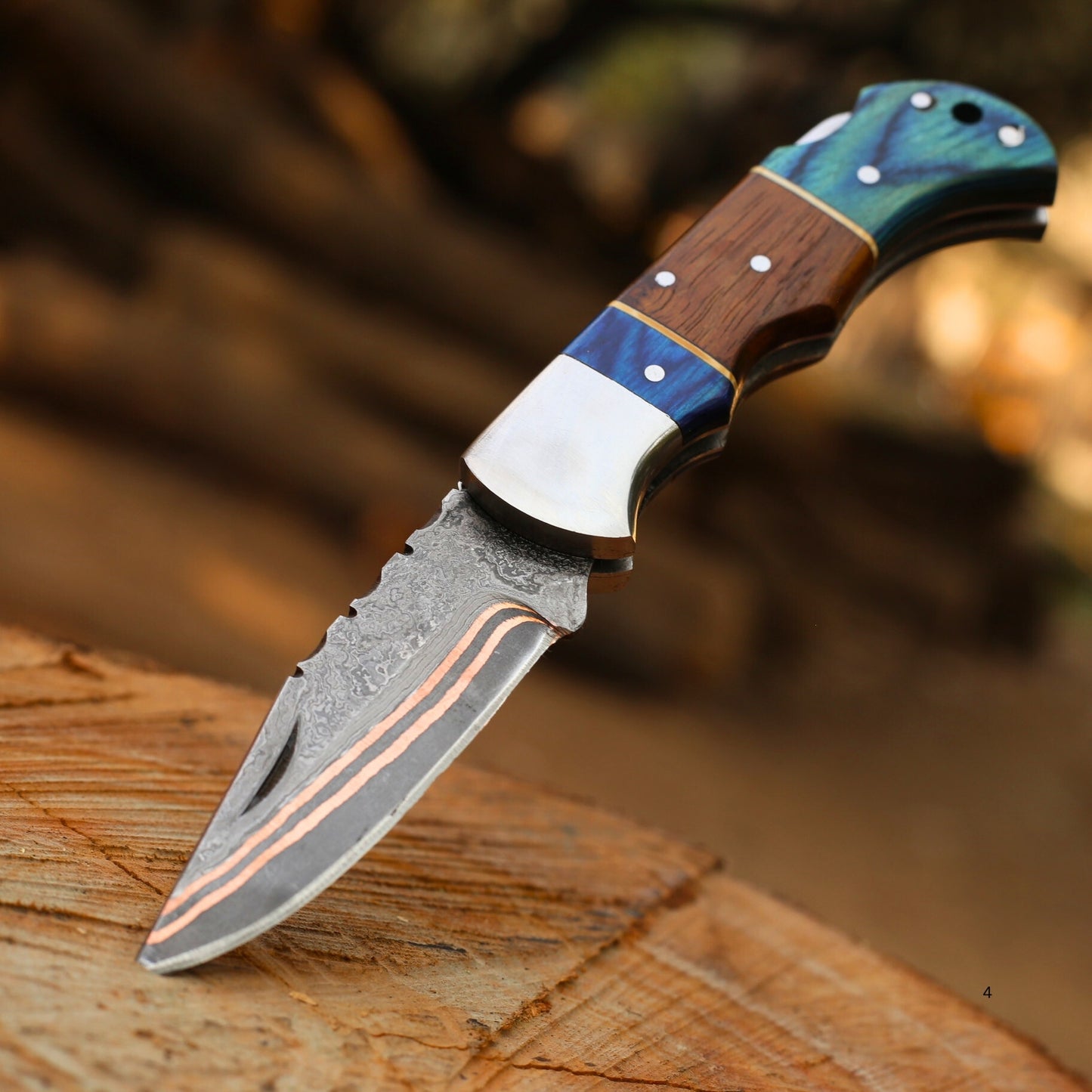 Handmade Copper Damascus Pocket Knife With Leather Cover