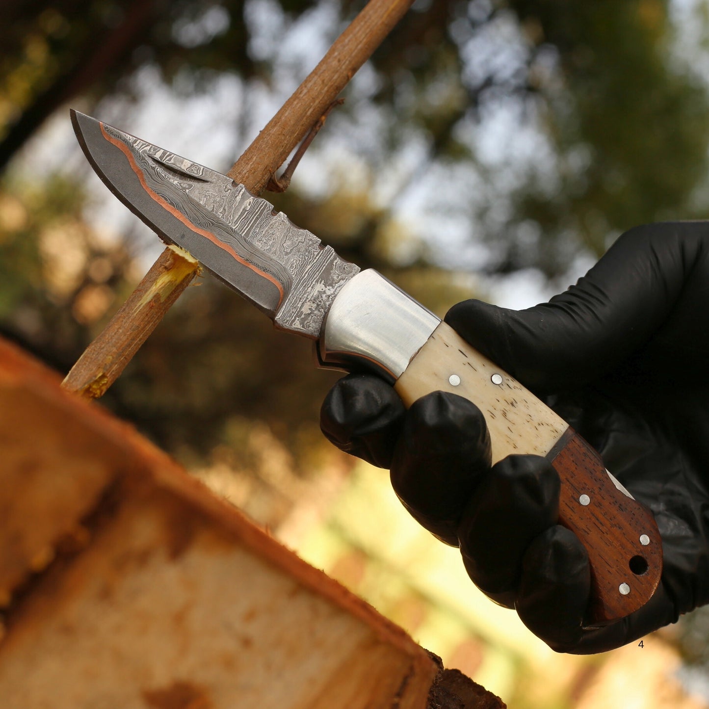 Dual-Tone Copper Damascus Folding Knife with Leather Cover