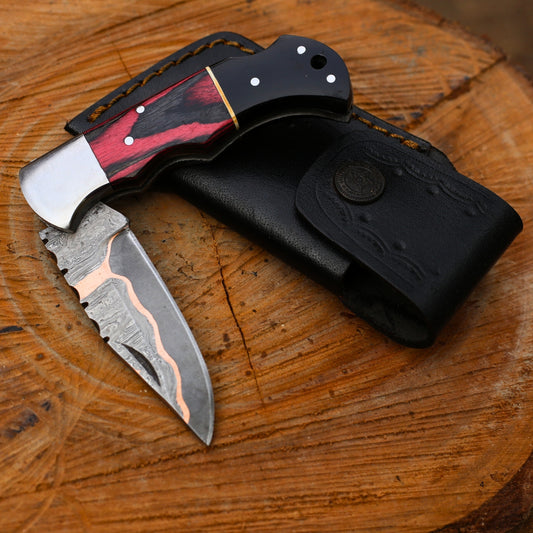 Handcrafted Copper Damascus Folding Knife with Leather Cover