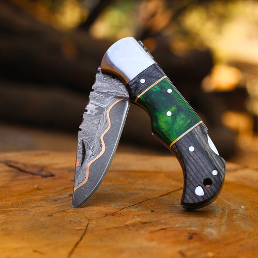 Damascus & Copper Folding Pocket Knife | Pakkawood Handle with Leather Cover