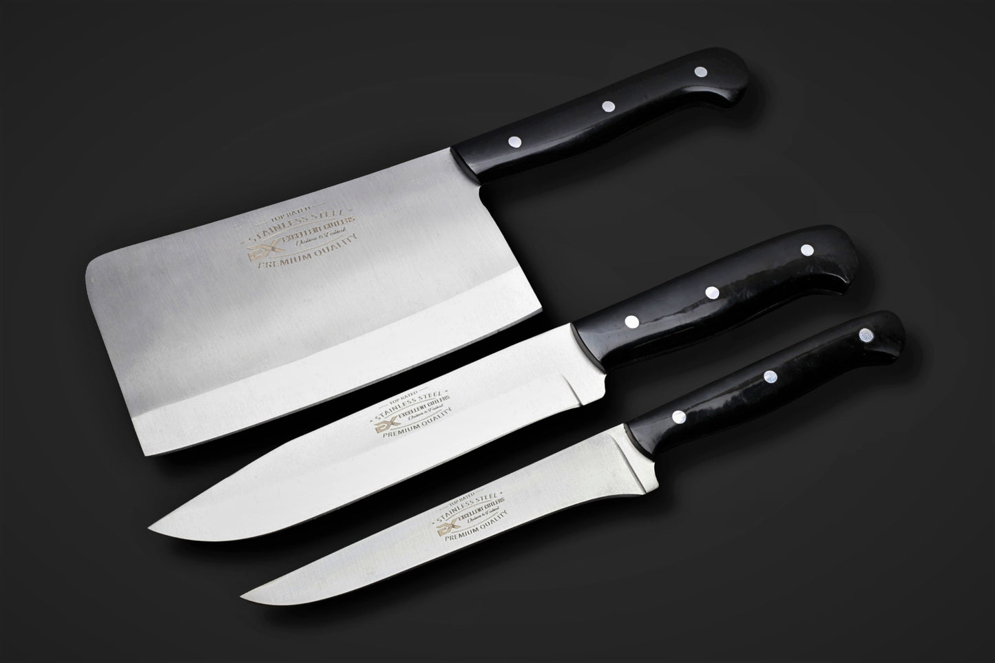 Luxury 3-Piece Kitchen Knife Set | 12C27 Stainless Steel with Satin Finish & Black Acrylic Handles