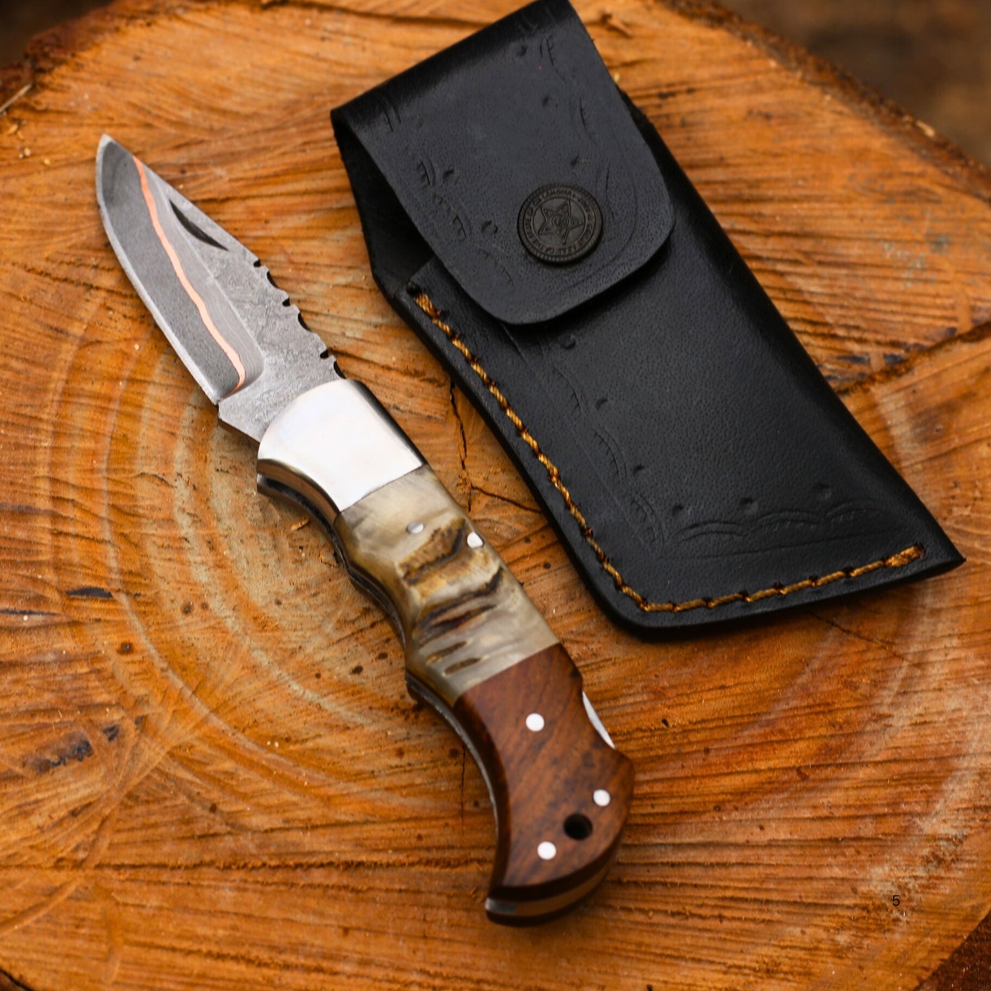 Copper Damascus & Ram Horn Folding Blade with Leather Cover
