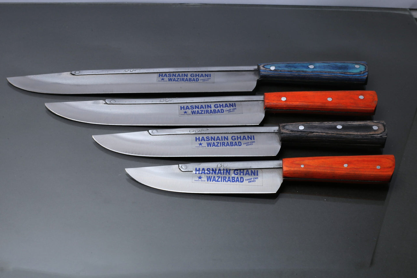 Husnain Ghani 4-Piece Slaughter Knife Set Funder blade and Color wood (Blade length 6inch, 8inch,10inch and 12 inch)