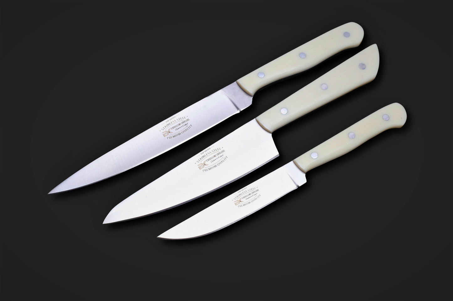 Luxury 3-Piece Kitchen Knife Set – 12C27 Stainless Steel with Cream Acrylic Handles