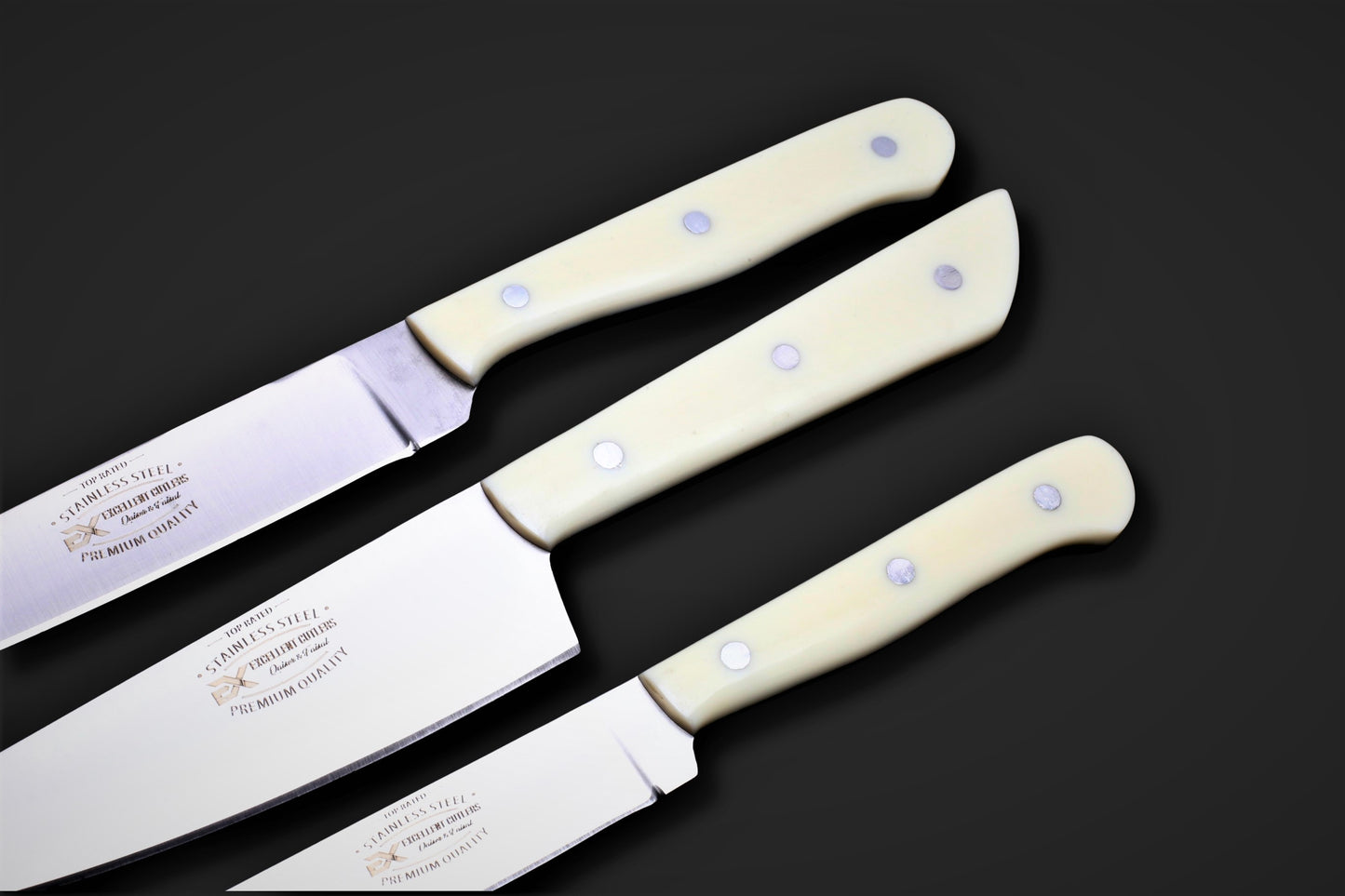 Luxury 3-Piece Kitchen Knife Set – 12C27 Stainless Steel with Cream Acrylic Handles