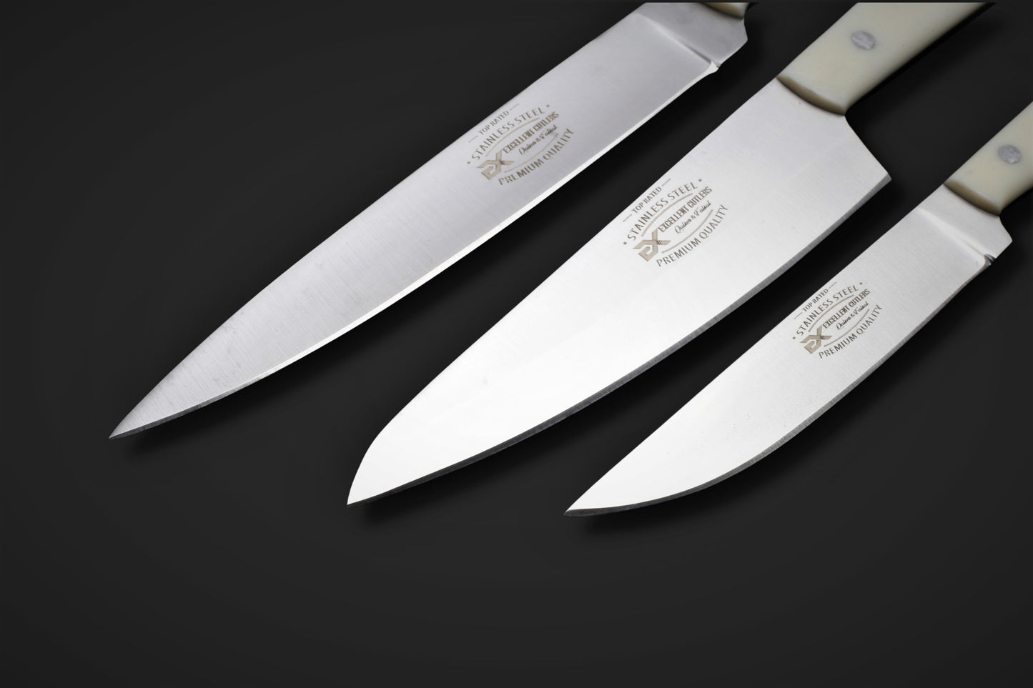 Luxury 3-Piece Kitchen Knife Set – 12C27 Stainless Steel with Cream Acrylic Handles