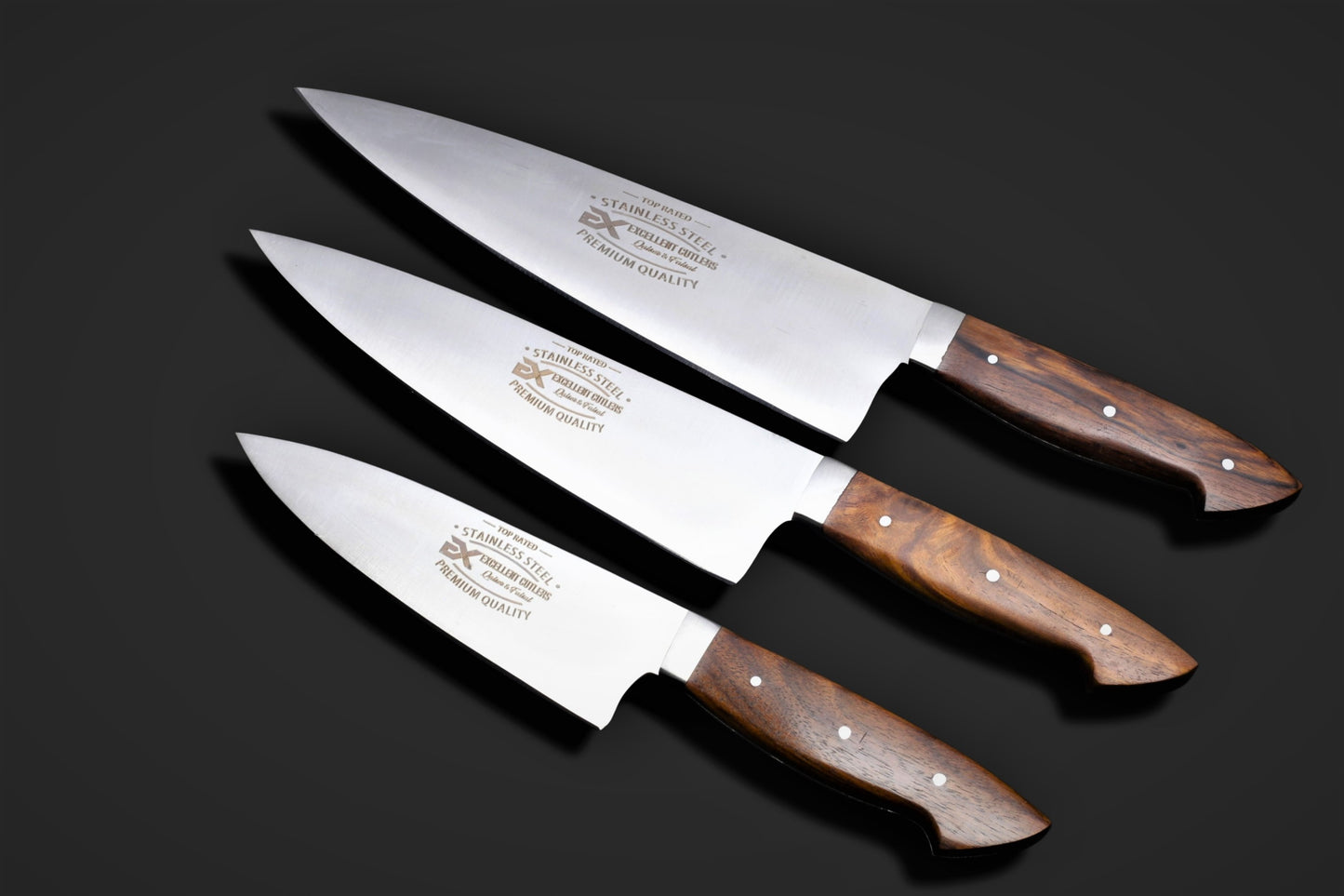 Excellent Cutlers & Knives 3-Piece French-Style Kitchen / Butchering Knife Set - 12C27 Stainless Steel Blades with Rosewood Handles
