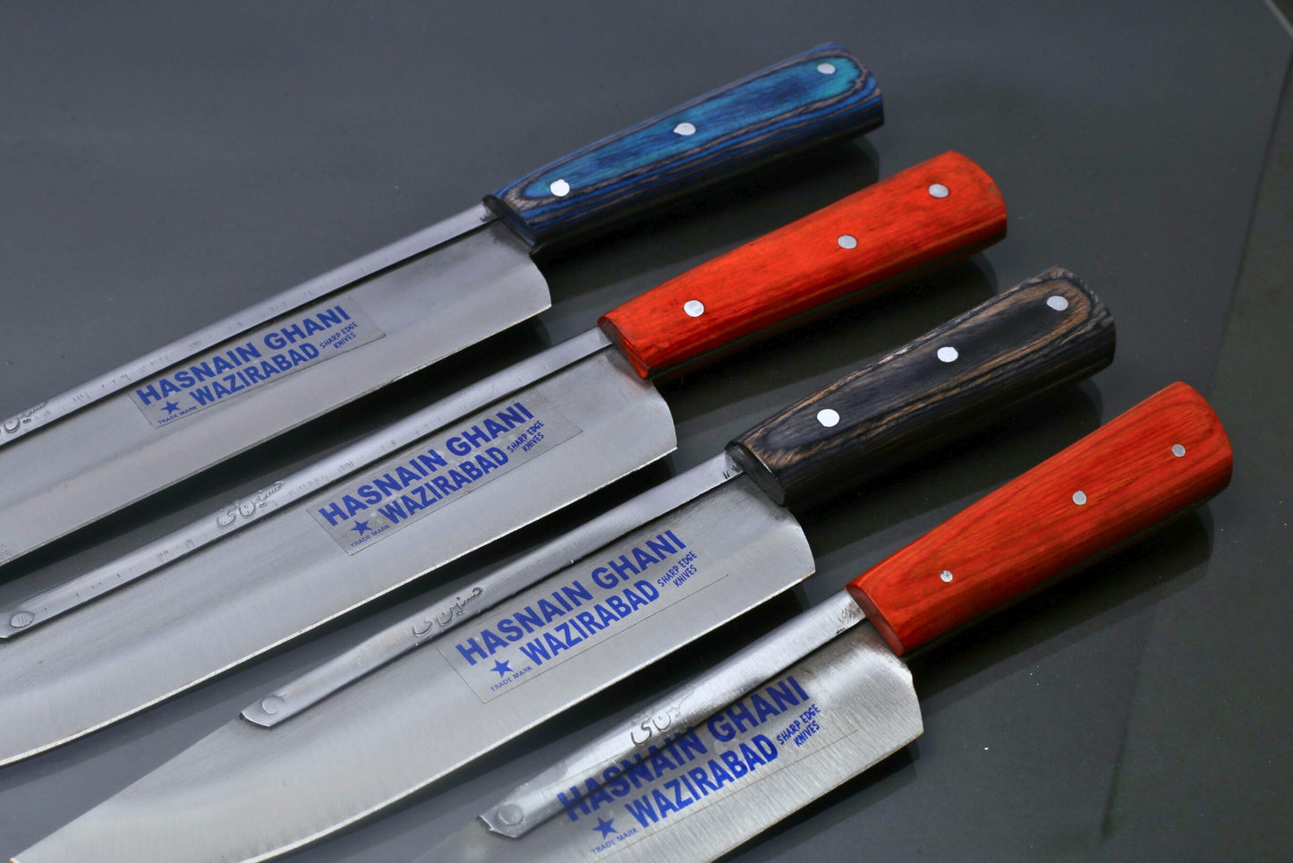 Husnain Ghani 4-Piece Slaughter Knife Set Funder blade and Color wood (Blade length 6inch, 8inch,10inch and 12 inch)