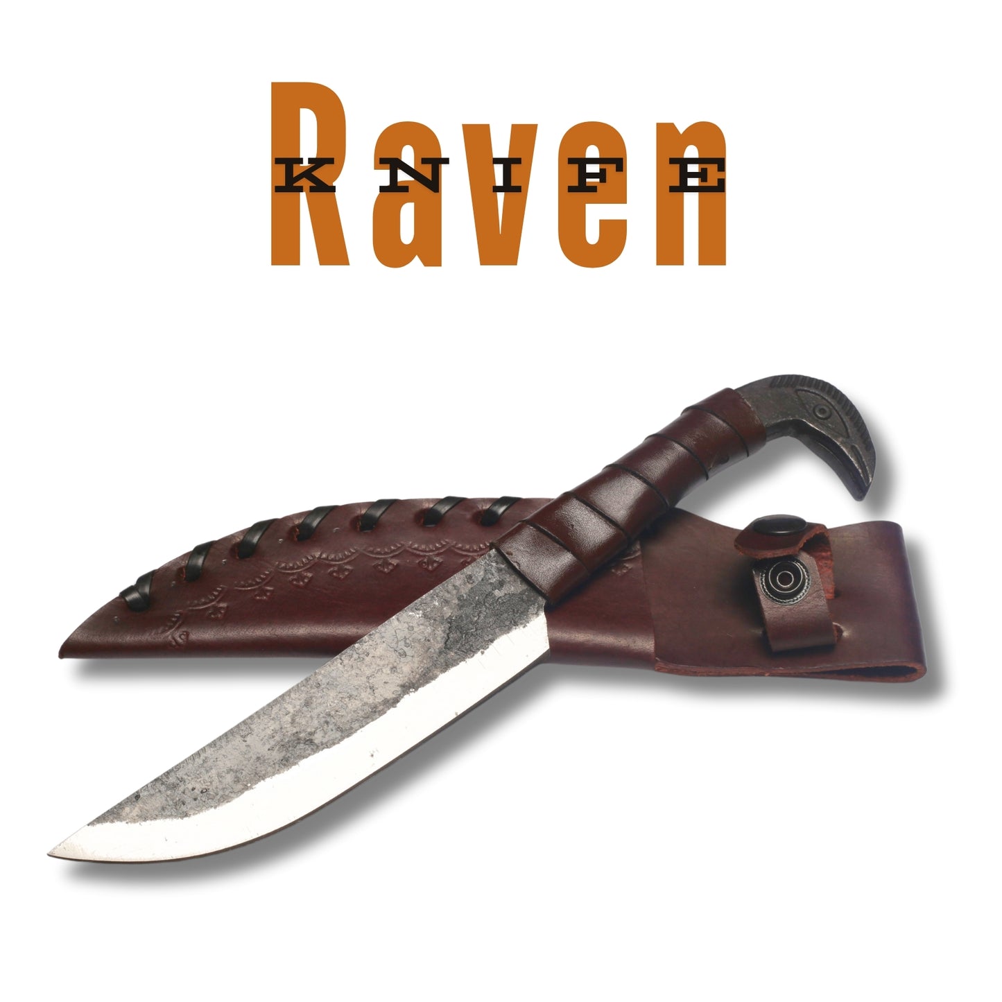 Hand-Forged Raven Head Hunting Knife OAL10 inch– High-Carbon Steel with Leather Wrap and Cover