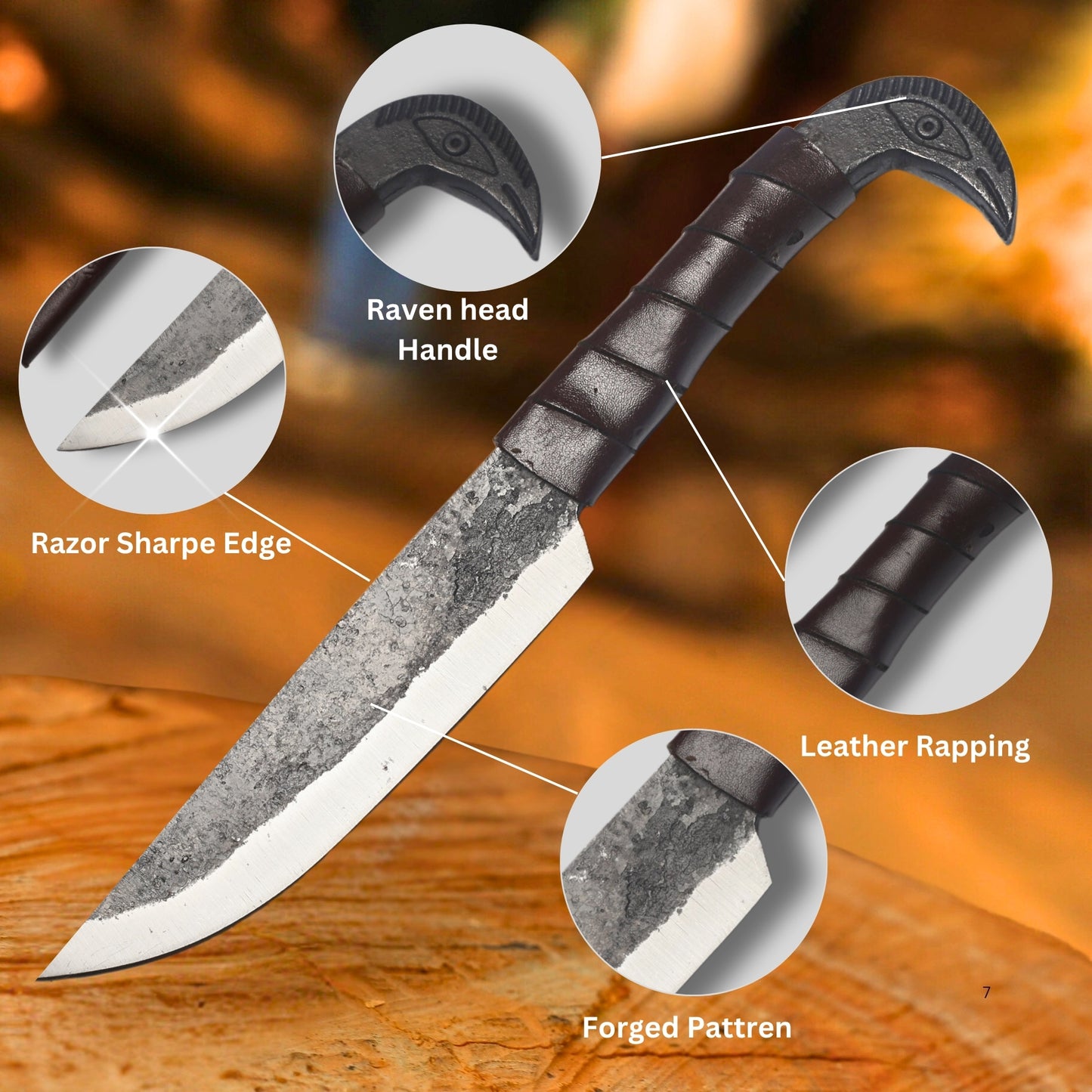 Hand-Forged Raven Head Hunting Knife OAL10 inch– High-Carbon Steel with Leather Wrap and Cover