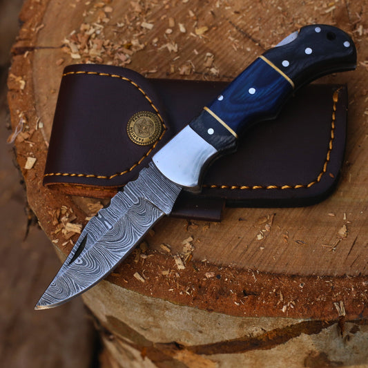 Pocket / Hunting Folding Knife In Damascus With Leather cover