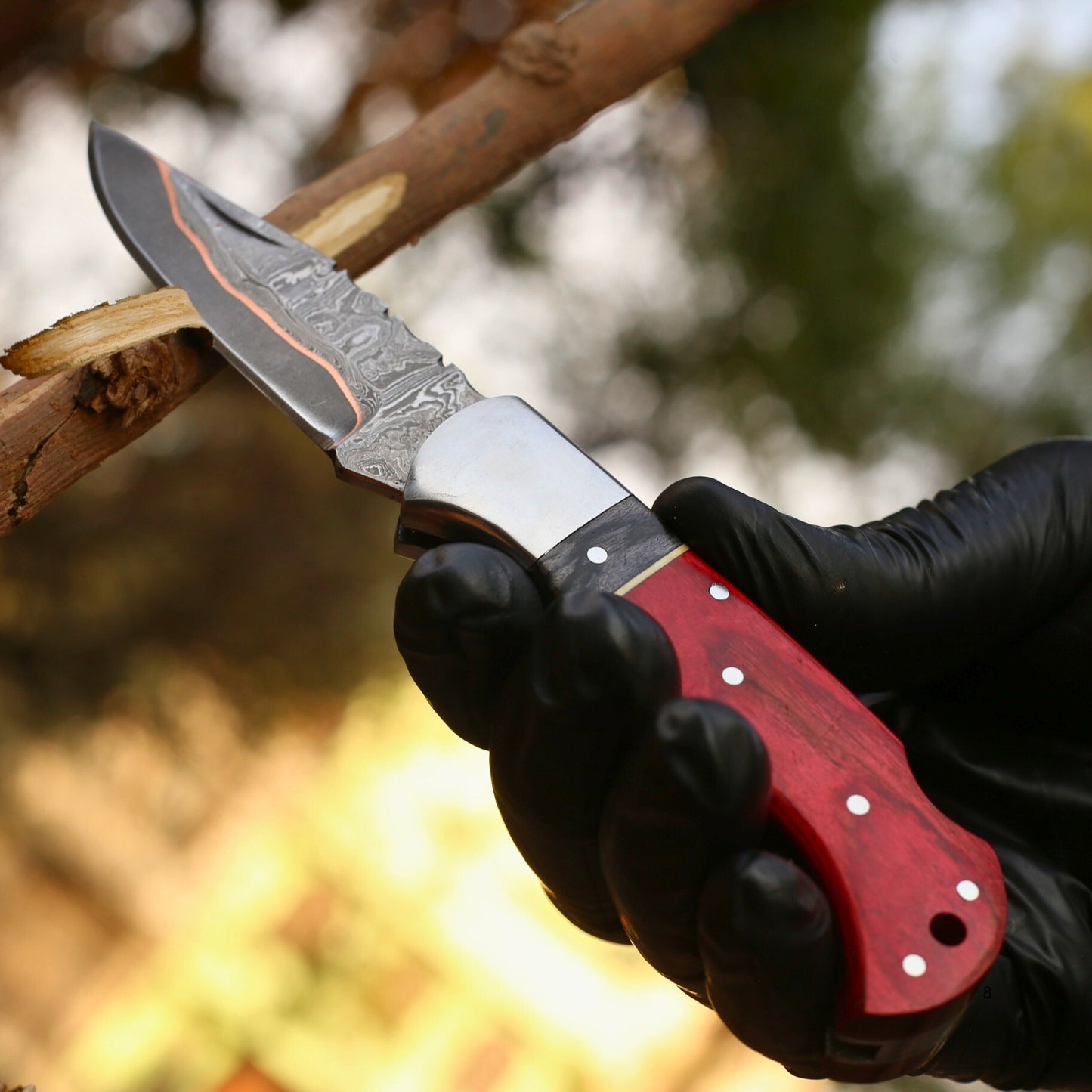 Copper Damascus Folding Knife with Leather Cover