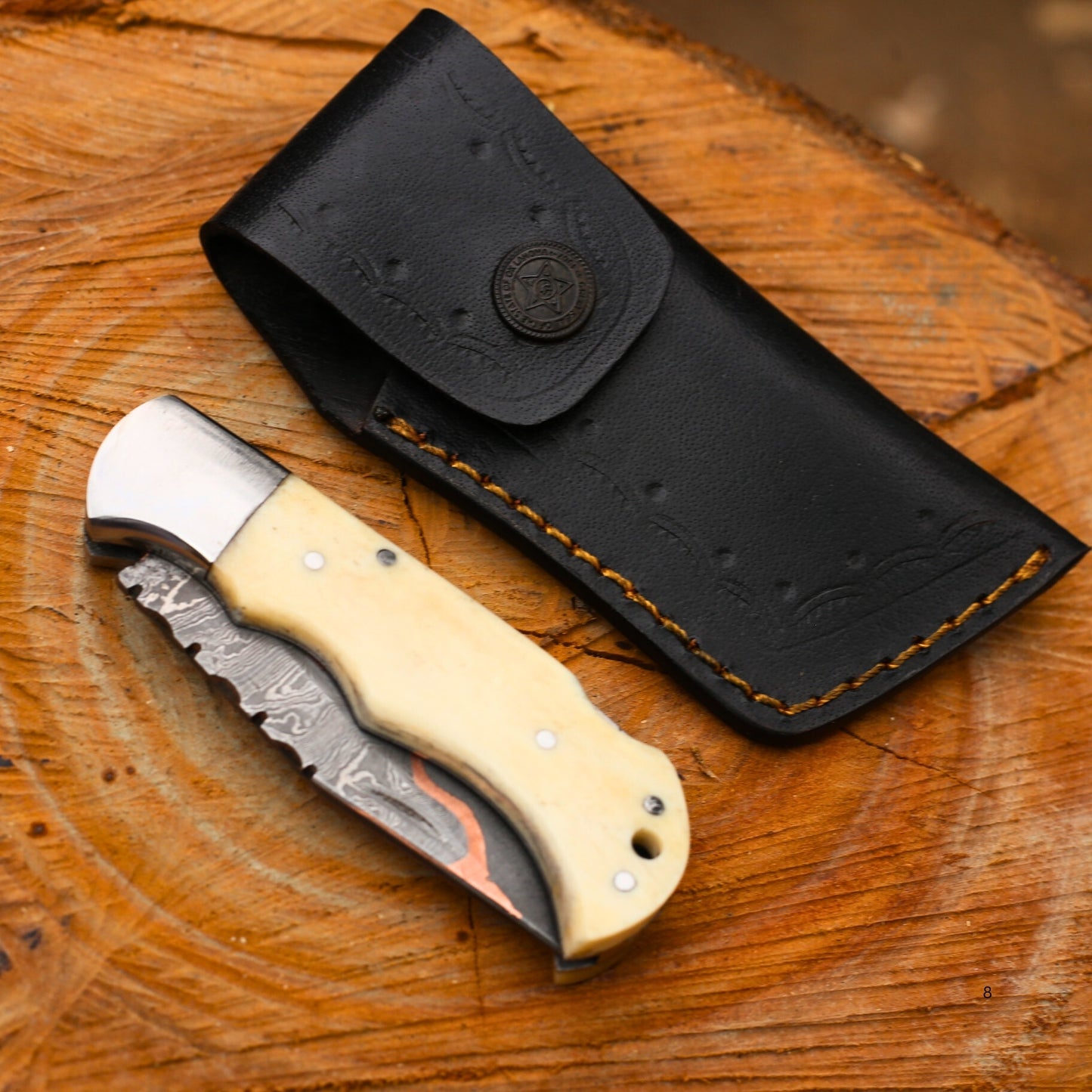 Copper-Inlaid Damascus Folding Knife with Bone Handle & Leather Cover