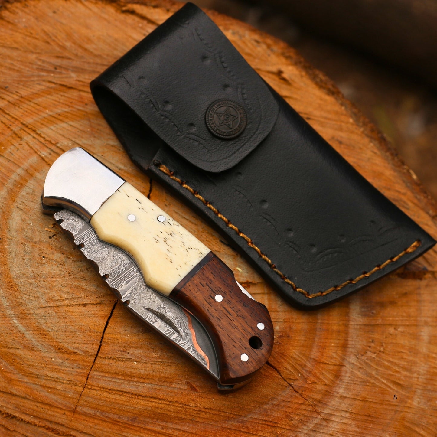 Dual-Tone Copper Damascus Folding Knife with Leather Cover